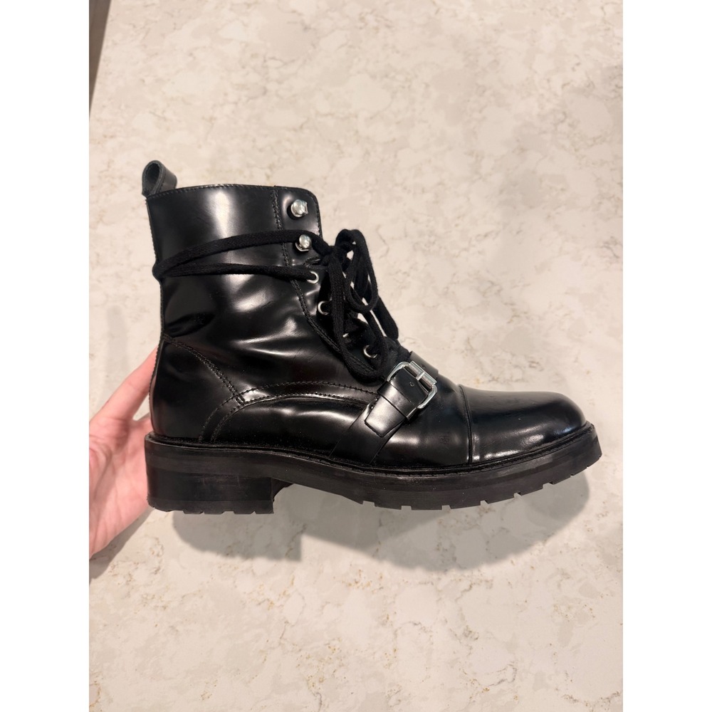 AllSaints Donita Black Leather Lace Up Buckle Combat Boots Lug Sole Size 40 - Picture 2 of 8
